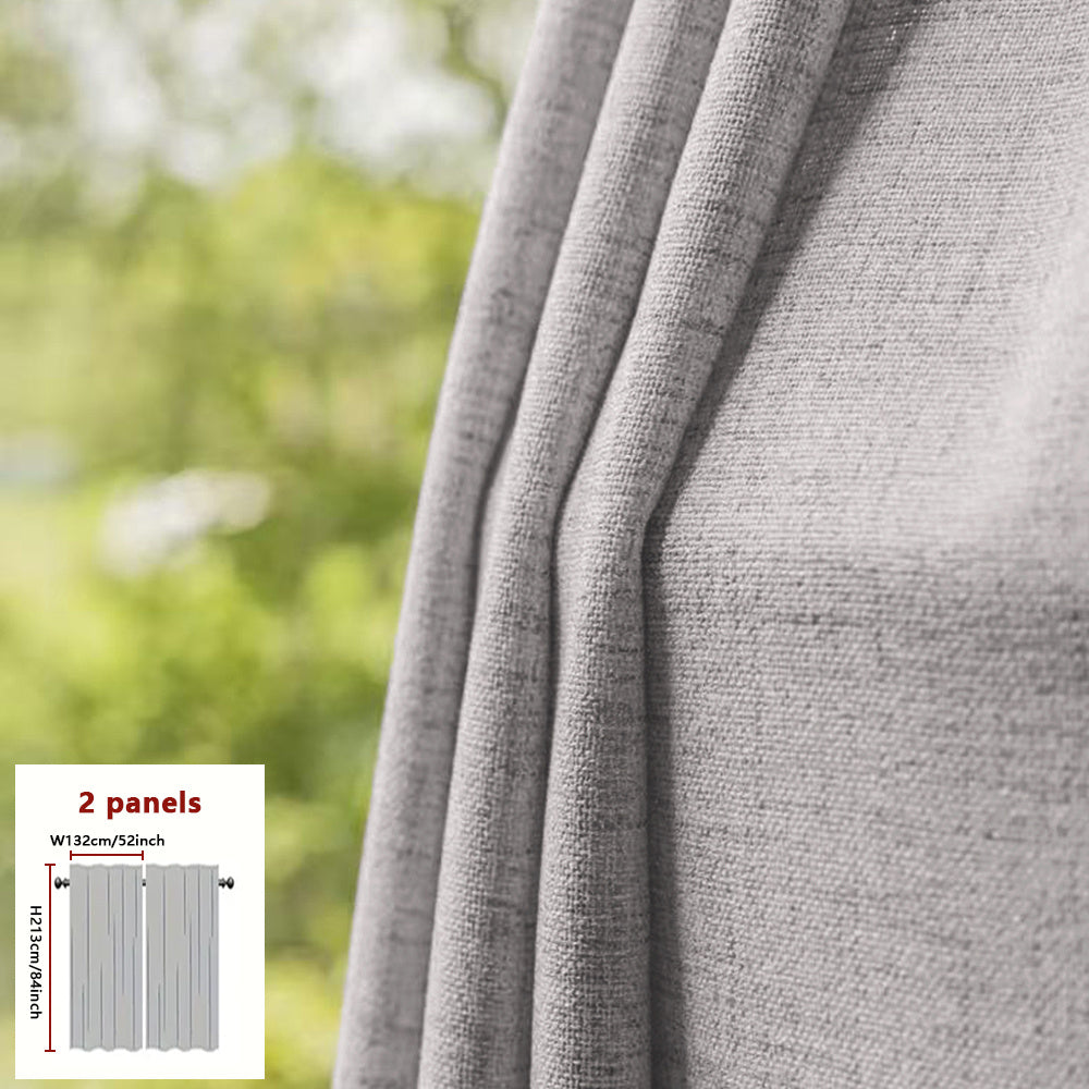 A Set of Two Minimalist Modern Style Versatile Japanese Curtains Available in Three Colors: Natural, Gray, And White. They Soften Outdoor Light with a Semi-Transparent Filter, Featuring Natural Lines And Textures