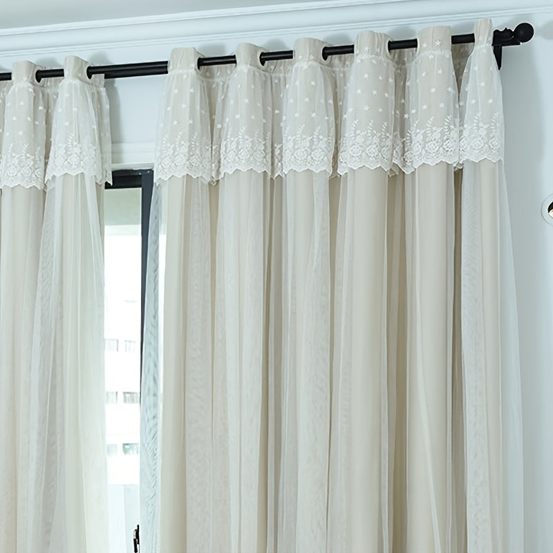 2pcs Beige Curtains with Lace Trim | Double Layer Sheer & Fabric, Minimalist Luxury Modern Ready Made Curtains for Bedroom, Living Room & , Polyester, Grommet Top, UV-resistant