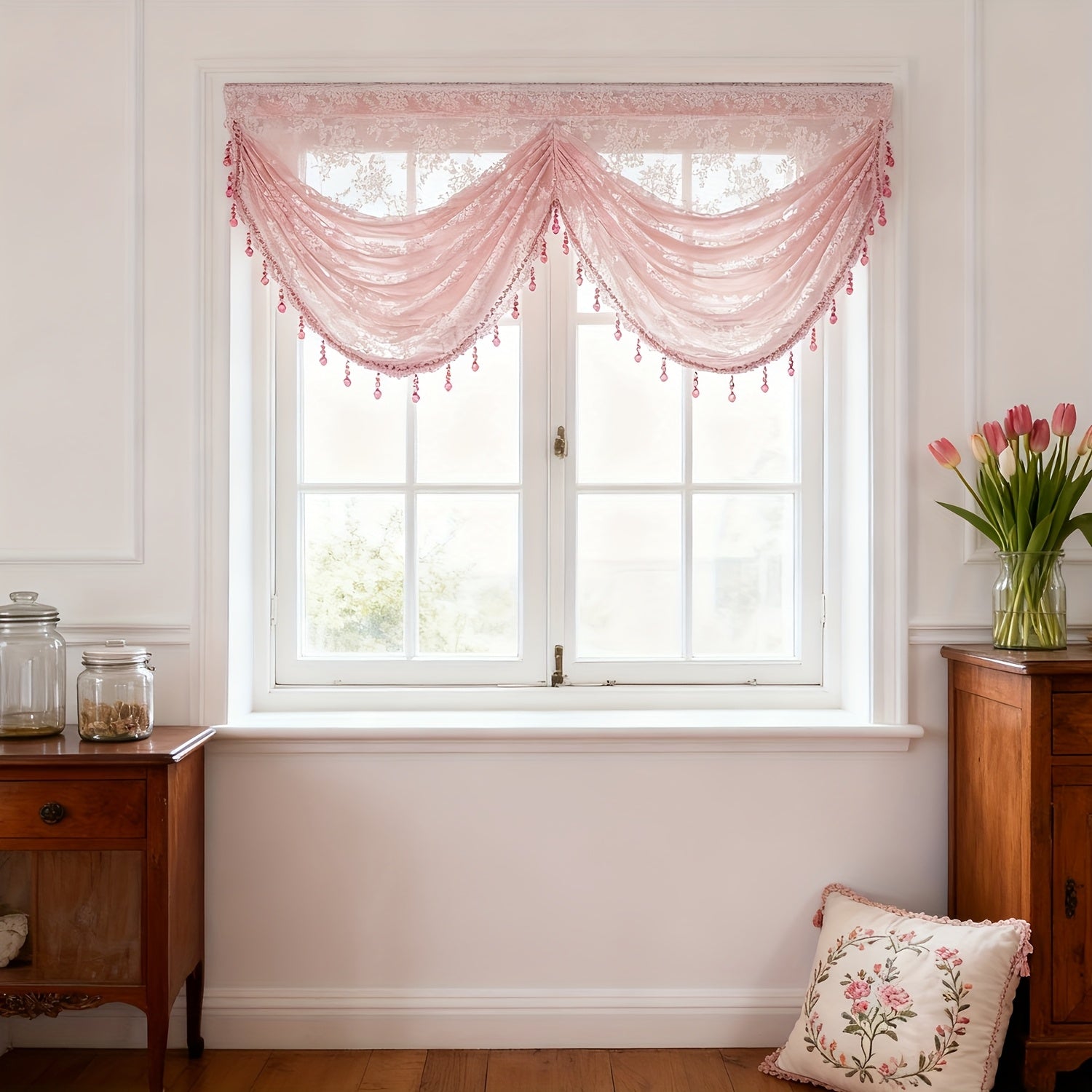 1pc Rustic Pink Floral Jacquard Ripple Sheer Curtain for Living Room Study Cafe Gauze Window Drape with Beads Valance Blinds