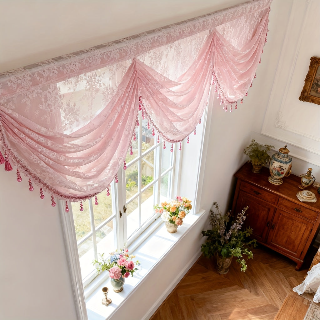 1pc Rustic Pink Floral Jacquard Ripple Sheer Curtain for Living Room Study Cafe Gauze Window Drape with Beads Valance Blinds