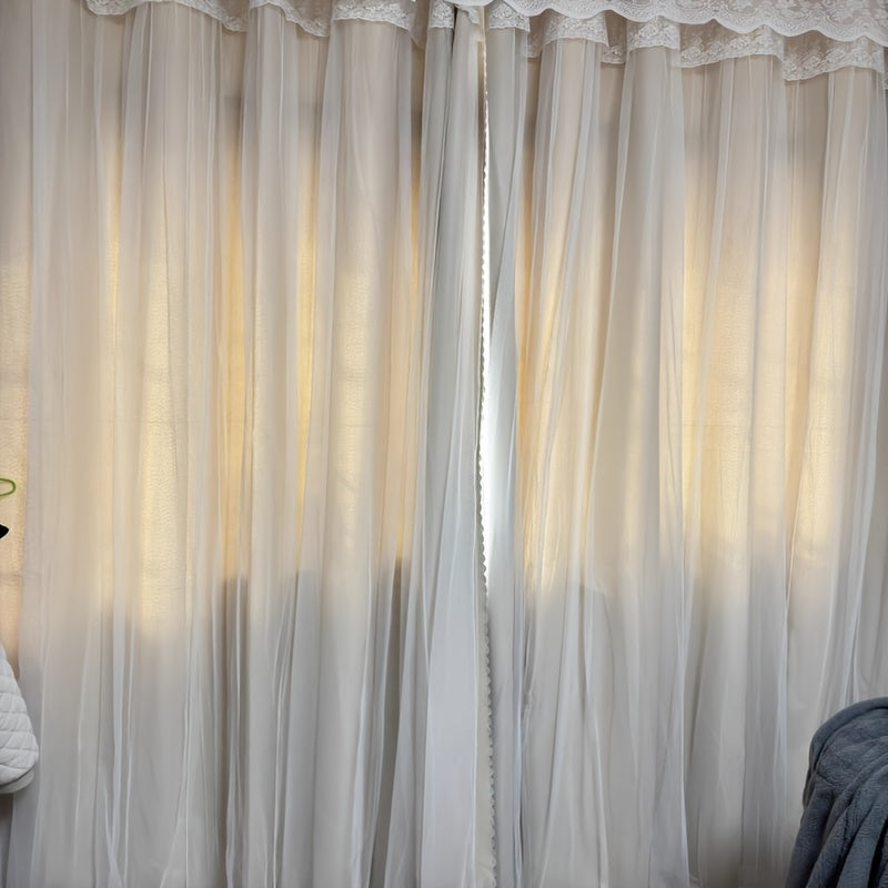 2pcs French Country Curtain Panels with Sheer & Lace Trim - Fold Top, Semi- Filtering Window Drapes Suitable for Nursery, Bedroom, Living Room - Machine Washable Panels