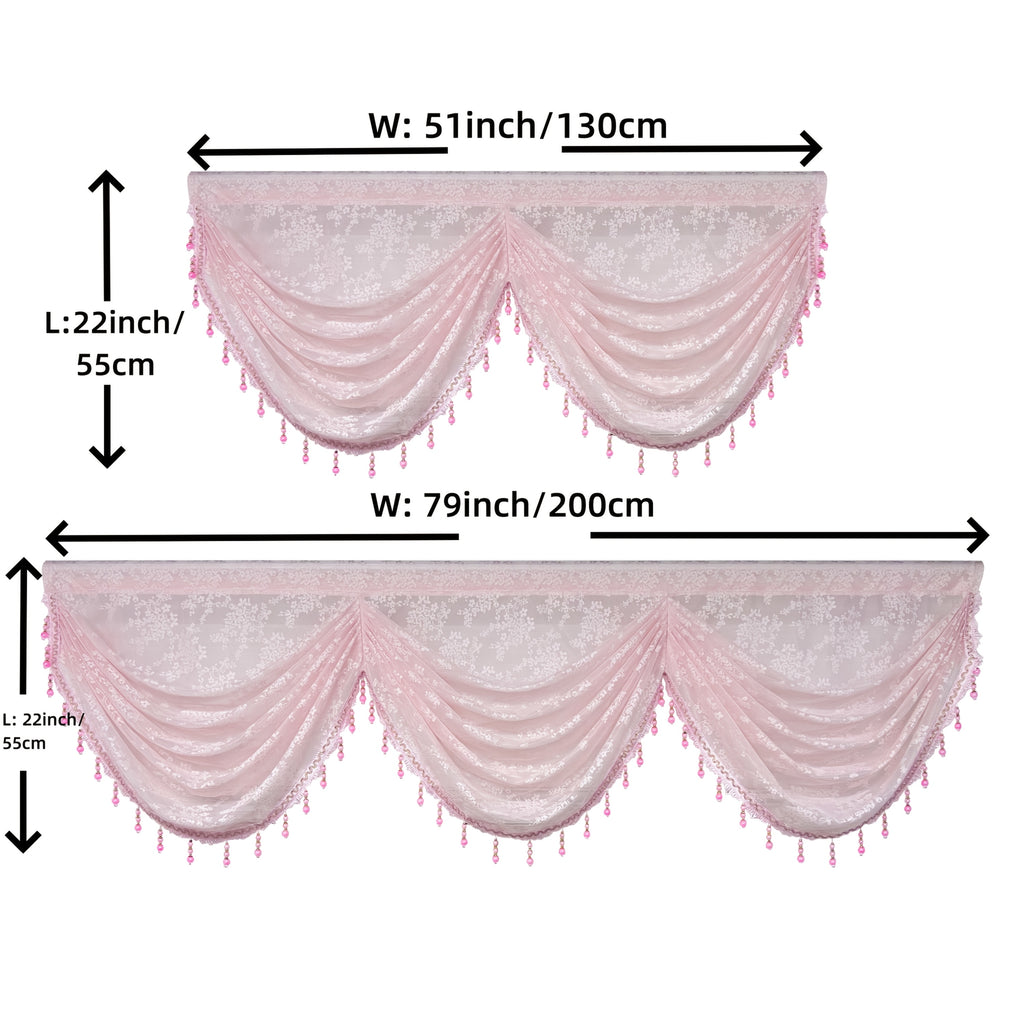 1pc Rustic Pink Floral Jacquard Ripple Sheer Curtain for Living Room Study Cafe Gauze Window Drape with Beads Valance Blinds
