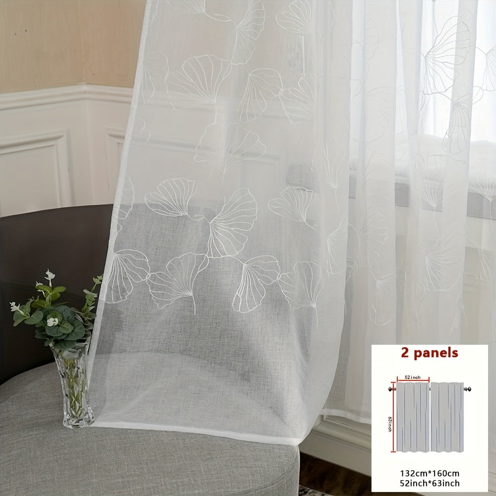 2pcs French-Style Country White Maple Leaf Botanical Embroidered Sheer Curtain Panels, Thin Semi-Transparent Design for Enhanced Ambiance, Rod Pocket for Easy Rod Installation, Suitable for Bedroom, Office, Living Room, Foyer, and Other Home Decor