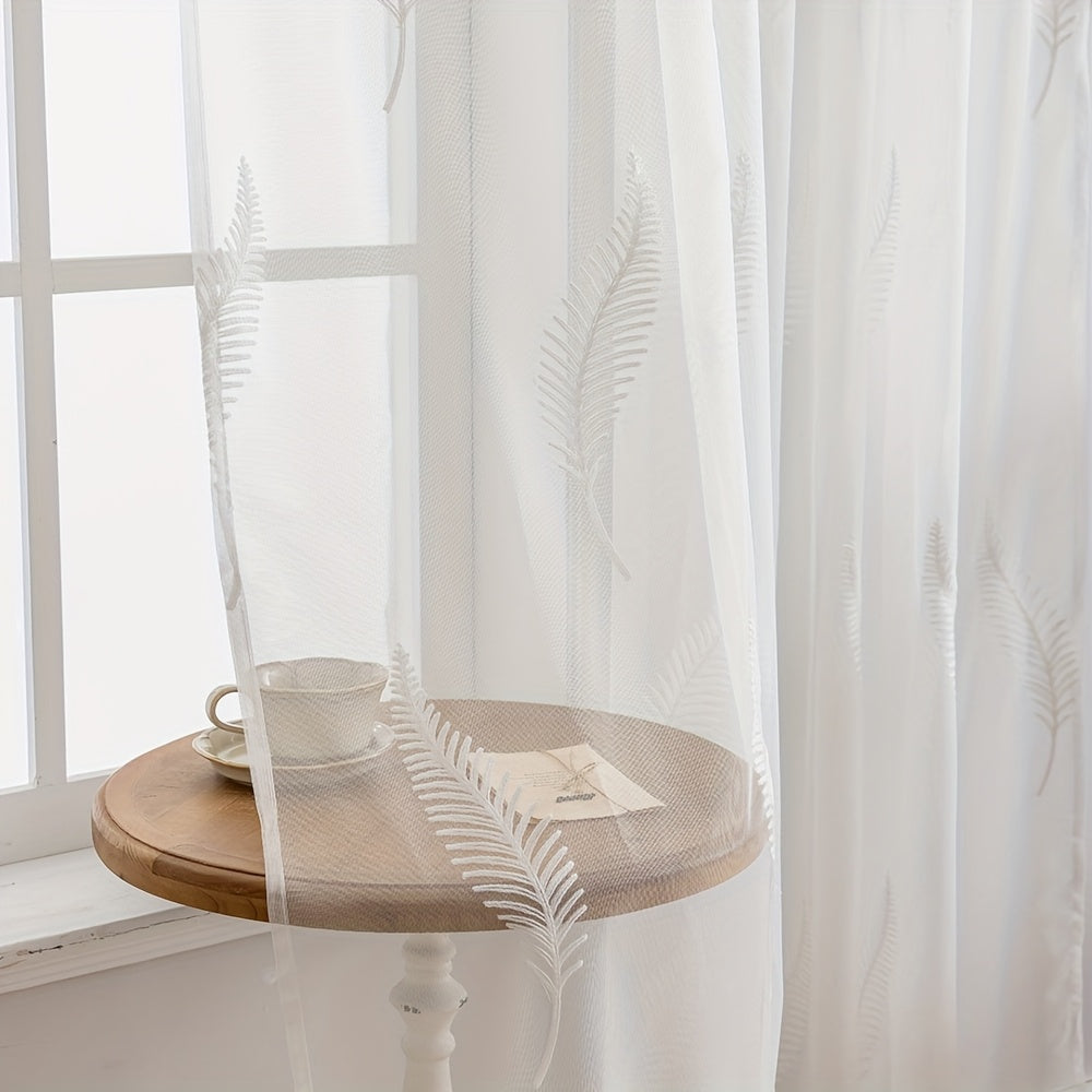 2pcs French-style Rustic White Feather Pattern Translucent Sheer Yarn-embroidered Window Sheer Panels, Light-filtering and Transparent for an Integrated Decorative Ambiance, Rod Pocket Design, Suitable for Bedroom, Living Room, Dining Room