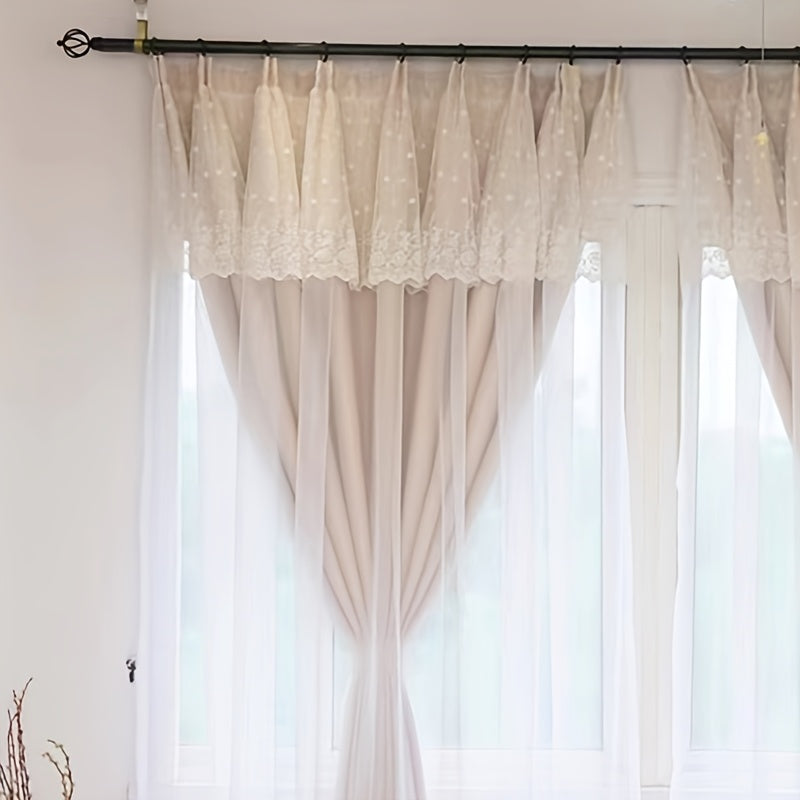 2pcs French Country Curtain Panels with Sheer & Lace Trim - Fold Top, Semi- Filtering Window Drapes Suitable for Nursery, Bedroom, Living Room - Machine Washable Panels