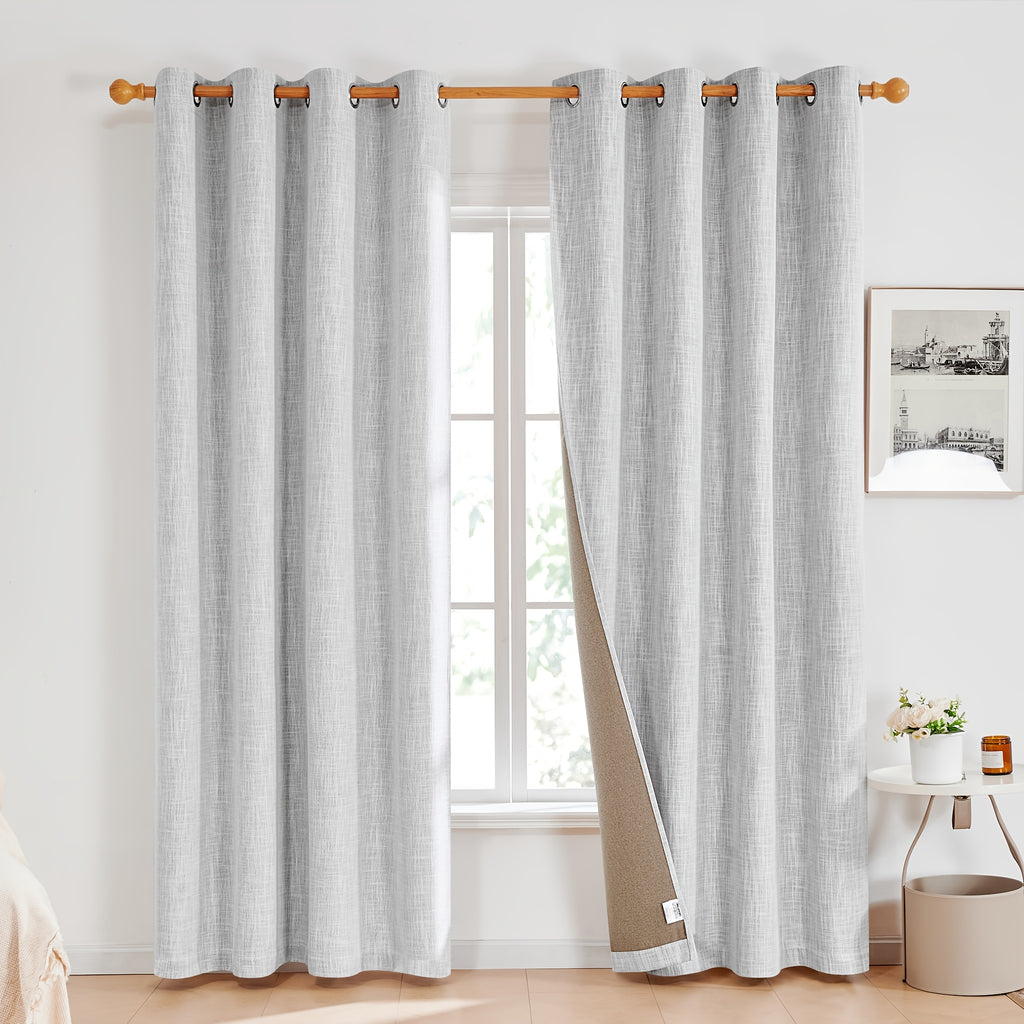 2 Panels Linen Texture 100% Blackout Curtains with Grommet Top - Thermal Insulated, Noise Reducing Full Privacy Drapes for Bedroom And Living Room