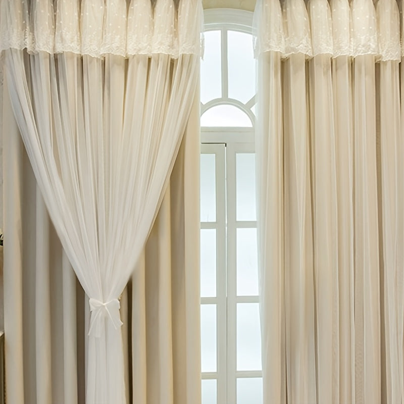 2pcs Beige Curtains with Lace Trim | Double Layer Sheer & Fabric, Minimalist Luxury Modern Ready Made Curtains for Bedroom, Living Room & , Polyester, Grommet Top, UV-resistant