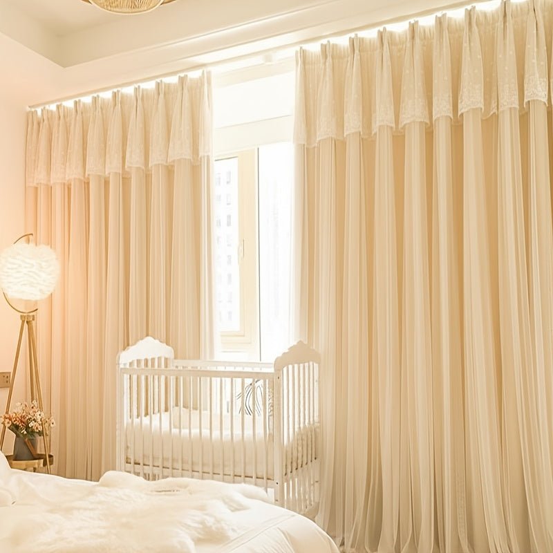 2-Pack French-Style Romantic Wavy Foldable Lace Trim Double-Layer Minimalist Bedroom Nursery Premium Fresh Ready-Made Curtains