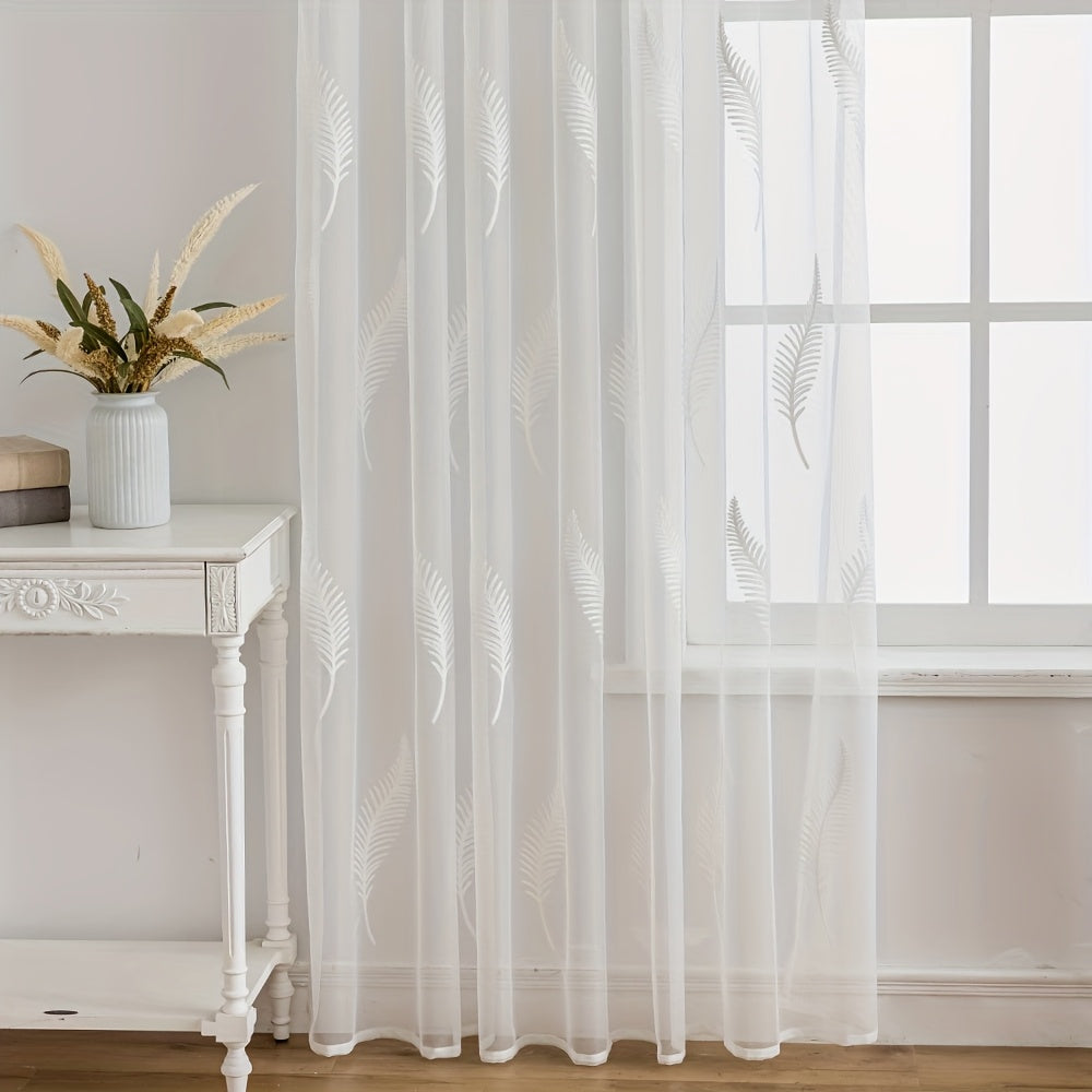 2pcs French-style Rustic White Feather Pattern Translucent Sheer Yarn-embroidered Window Sheer Panels, Light-filtering and Transparent for an Integrated Decorative Ambiance, Rod Pocket Design, Suitable for Bedroom, Living Room, Dining Room