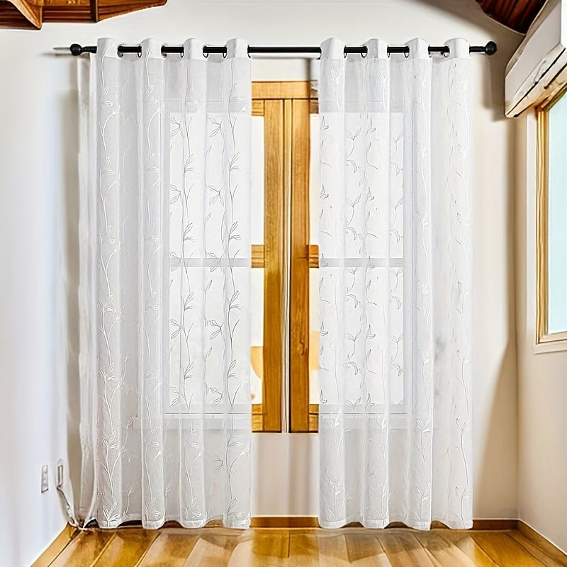 2pcs White Lightweight Sheer Curtains Made of Polyester Fabric, Easy to Install Without Drilling, Suitable for Bedrooms, Living Rooms, Balconies, Hotels, Country Cottages, And Featuring Plant Embroidery