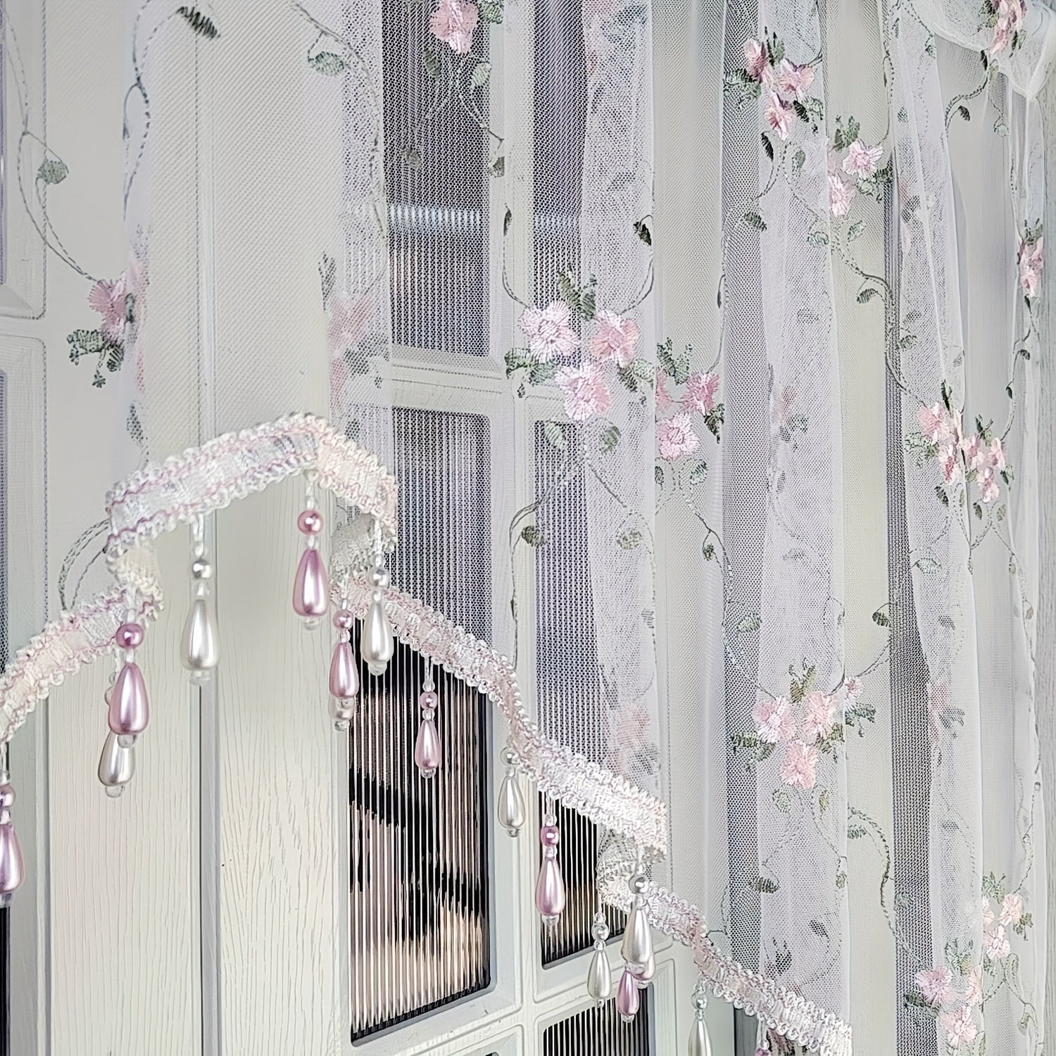 1 Or 2 Panels Elegant Arched Sheer Floral Embroidered Swag Curtain Valance Tier for Doorway Light Filtering Half Window Curtain with Beading Cafe Bathroom Rod Pocket, Room Divider,All Season