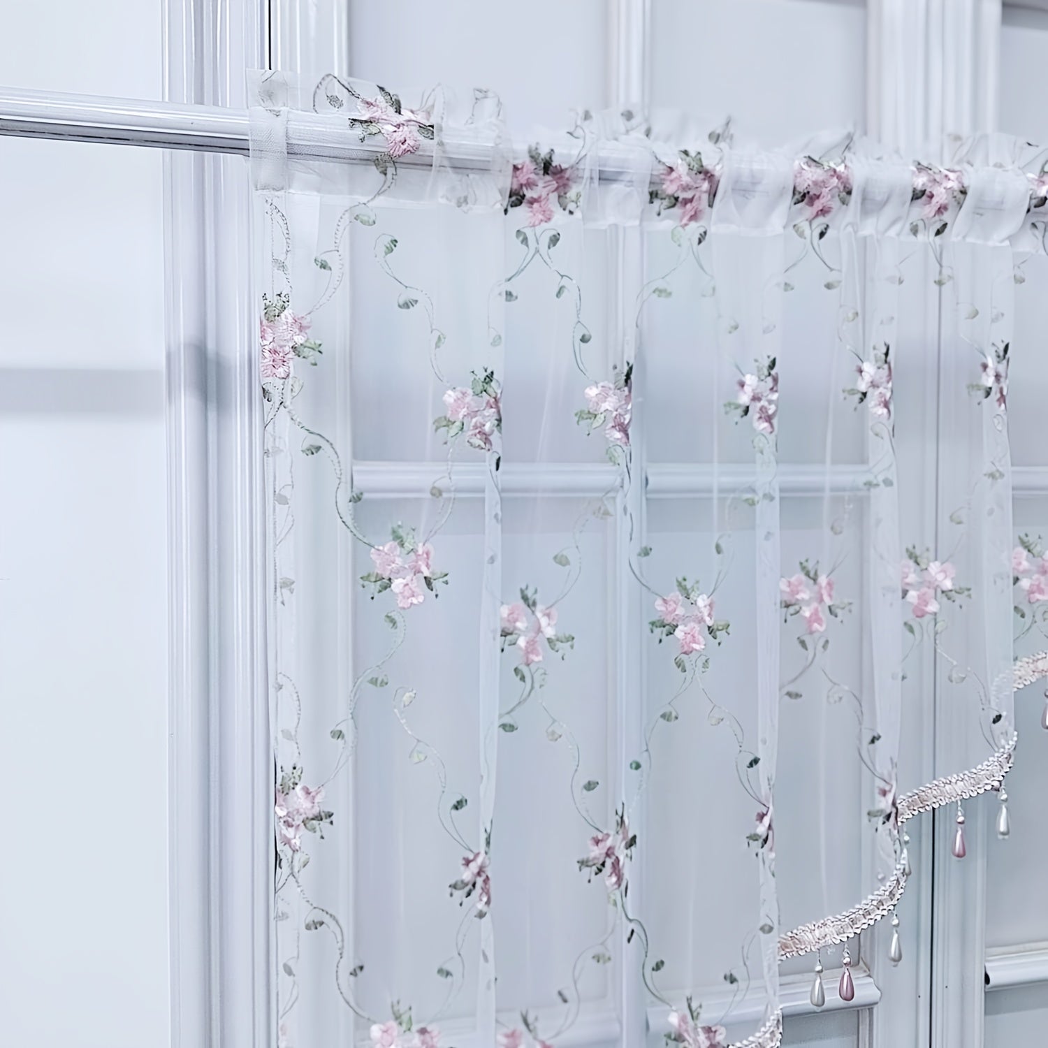 1 Or 2 Panels Elegant Arched Sheer Floral Embroidered Swag Curtain Valance Tier for Doorway Light Filtering Half Window Curtain with Beading Cafe Bathroom Rod Pocket, Room Divider,All Season