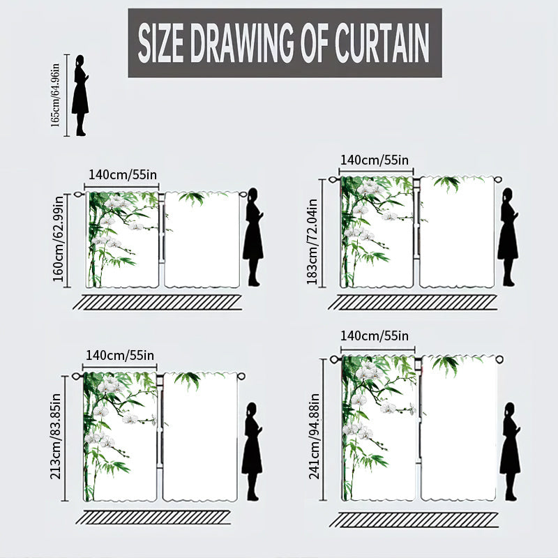 Two Pieces of Chinese-Style Orchid And Bamboo-Themed Floral Chiffon Transparent Curtains - Semi-Transparent And Opaque Digital Prints, Designed for Living Room And Bedroom Decoration with Rod Pocket, Made of Polyester Gauze