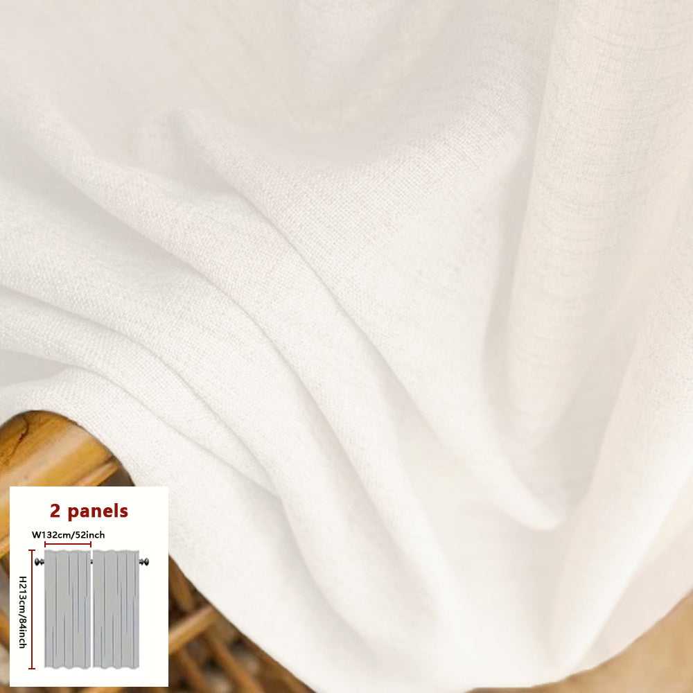 A Set of Two Minimalist Modern Style Versatile Japanese Curtains Available in Three Colors: Natural, Gray, And White. They Soften Outdoor Light with a Semi-Transparent Filter, Featuring Natural Lines And Textures