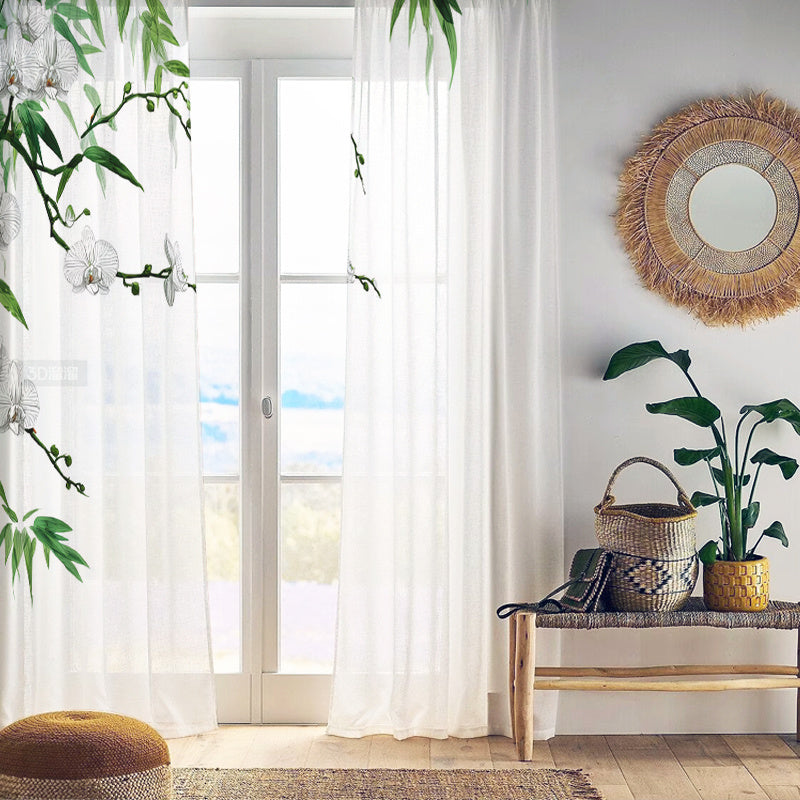 Two Pieces of Chinese-Style Orchid And Bamboo-Themed Floral Chiffon Transparent Curtains - Semi-Transparent And Opaque Digital Prints, Designed for Living Room And Bedroom Decoration with Rod Pocket, Made of Polyester Gauze