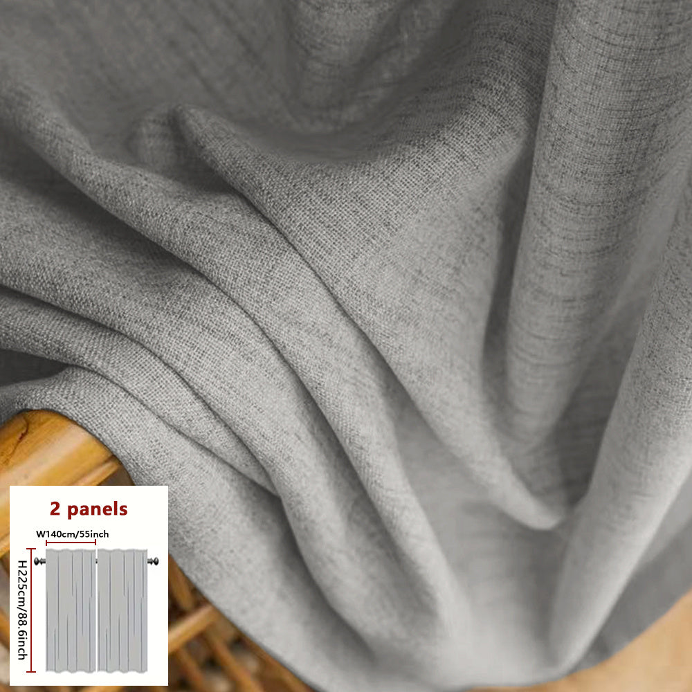 A Set of Two Minimalist Modern Style Versatile Japanese Curtains Available in Three Colors: Natural, Gray, And White. They Soften Outdoor Light with a Semi-Transparent Filter, Featuring Natural Lines And Textures