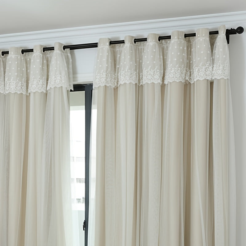 2pcs Set French Romantic Fabric And Sheer Double Layer Integrated Ready Made Curtains Suitable for Bedroom And Living Room Minimalist Modern Style