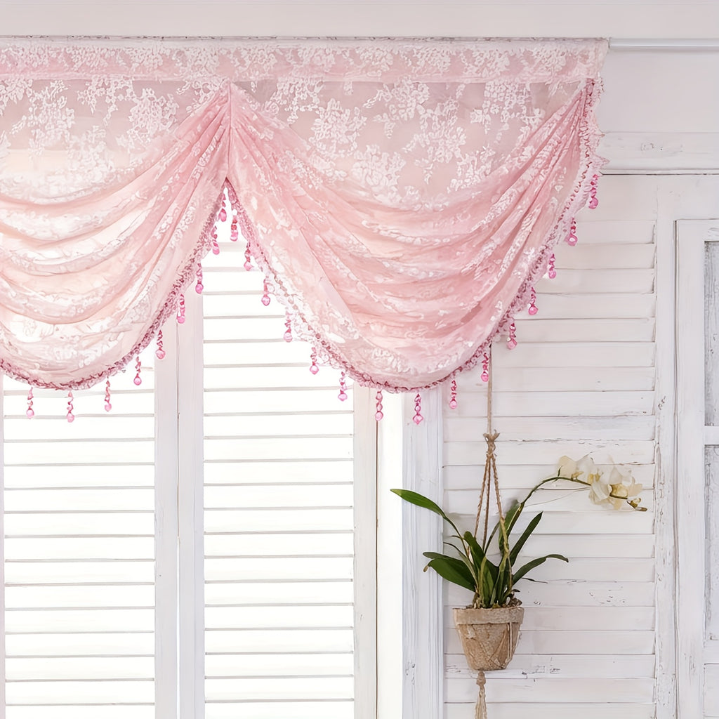 1pc Rustic Pink Floral Jacquard Ripple Sheer Curtain for Living Room Study Cafe Gauze Window Drape with Beads Valance Blinds