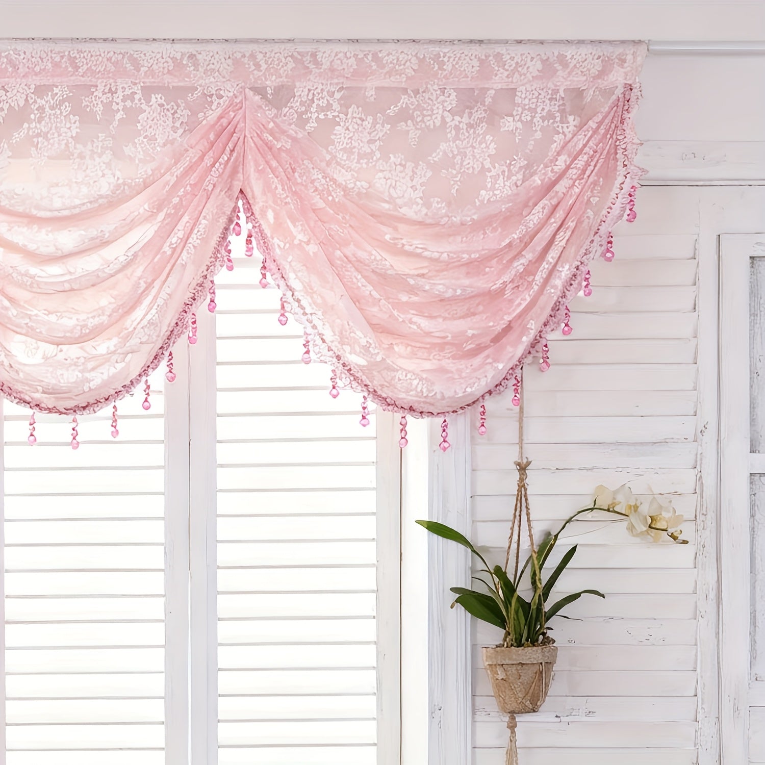 1pc Rustic Pink Floral Jacquard Ripple Sheer Curtain for Living Room Study Cafe Gauze Window Drape with Beads Valance Blinds