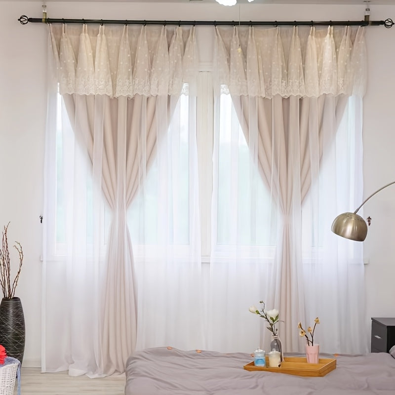 2pcs French Country Curtain Panels with Sheer & Lace Trim - Fold Top, Semi- Filtering Window Drapes Suitable for Nursery, Bedroom, Living Room - Machine Washable Panels