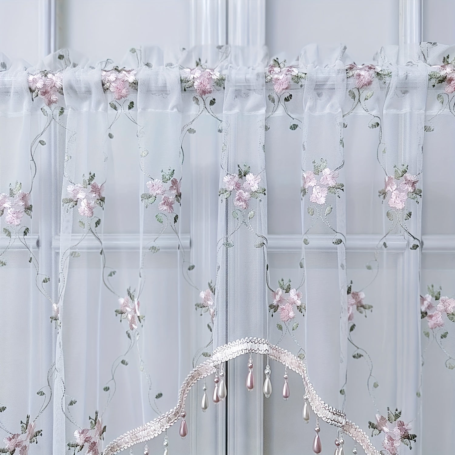1 Or 2 Panels Elegant Arched Sheer Floral Embroidered Swag Curtain Valance Tier for Doorway Light Filtering Half Window Curtain with Beading Cafe Bathroom Rod Pocket, Room Divider,All Season