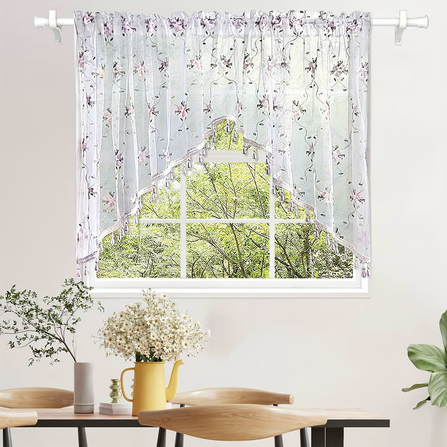 1 Or 2 Panels Elegant Arched Sheer Floral Embroidered Swag Curtain Valance Tier for Doorway Light Filtering Half Window Curtain with Beading Cafe Bathroom Rod Pocket, Room Divider,All Season