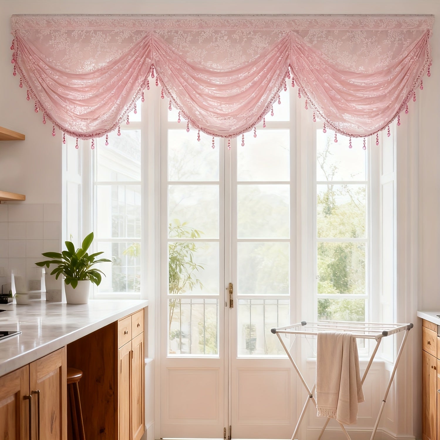 1pc Rustic Pink Floral Jacquard Ripple Sheer Curtain for Living Room Study Cafe Gauze Window Drape with Beads Valance Blinds