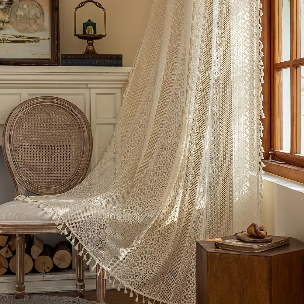 2pcs High-End Minimalist Bohemian Style Semi-Sheer Curtains, French-Style Rustic Breathable Openwork Voile Curtains, Suitable for Living Room, Balcony, Bedroom, Study Room, and Other Home Decor - Rod Pocket Installation