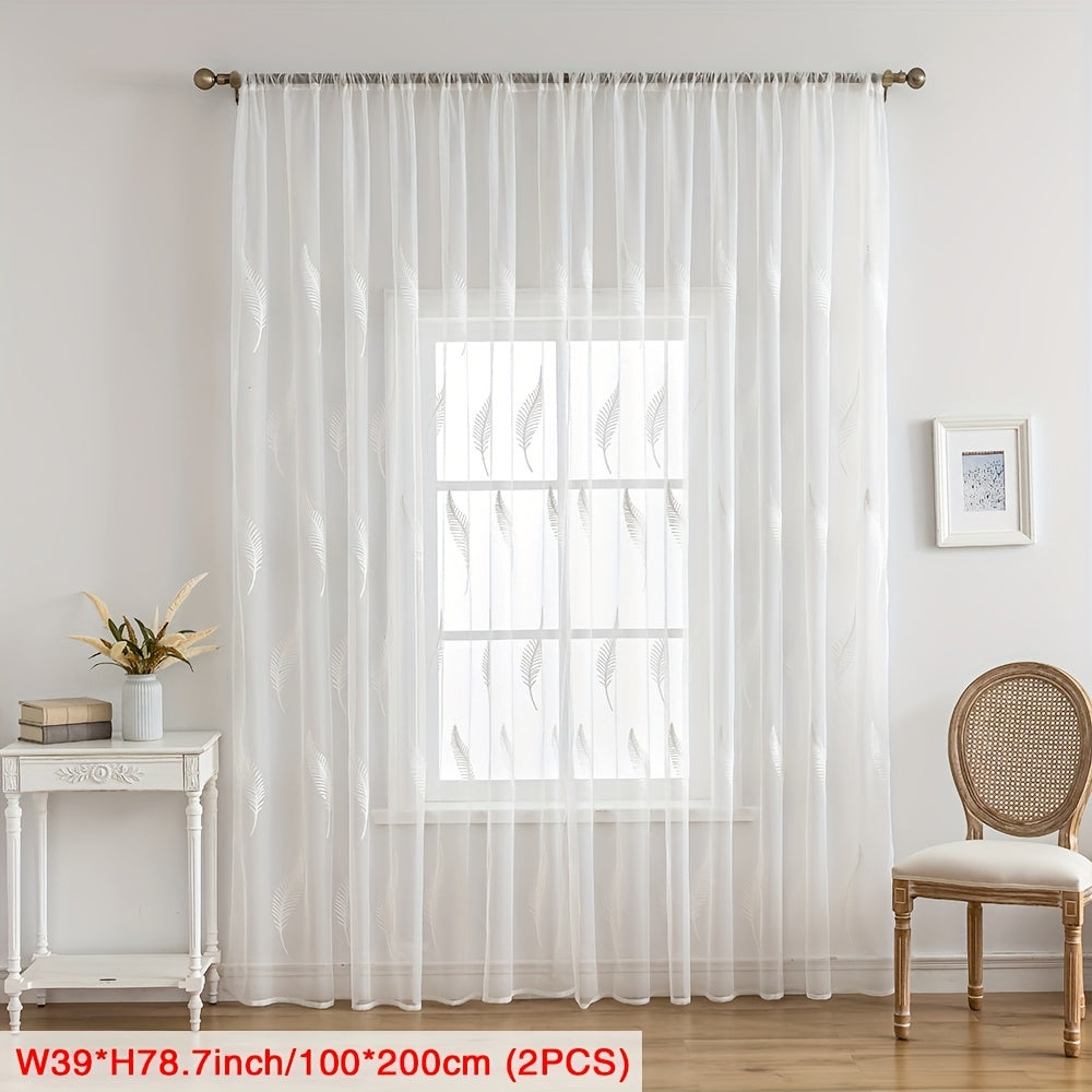 2pcs French-style Rustic White Feather Pattern Translucent Sheer Yarn-embroidered Window Sheer Panels, Light-filtering and Transparent for an Integrated Decorative Ambiance, Rod Pocket Design, Suitable for Bedroom, Living Room, Dining Room