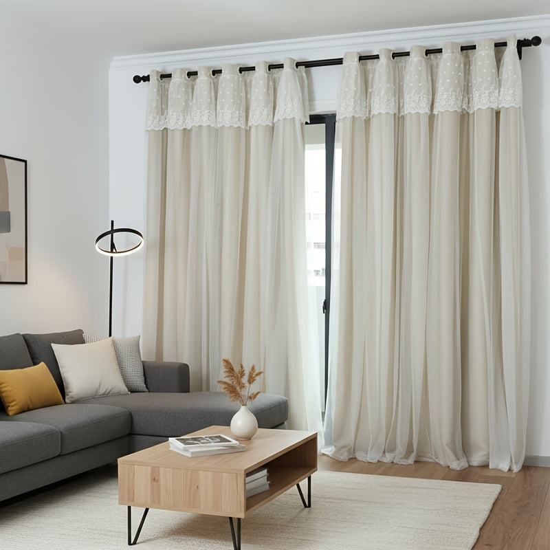 2pcs Set French Romantic Fabric And Sheer Double Layer Integrated Ready Made Curtains Suitable for Bedroom And Living Room Minimalist Modern Style
