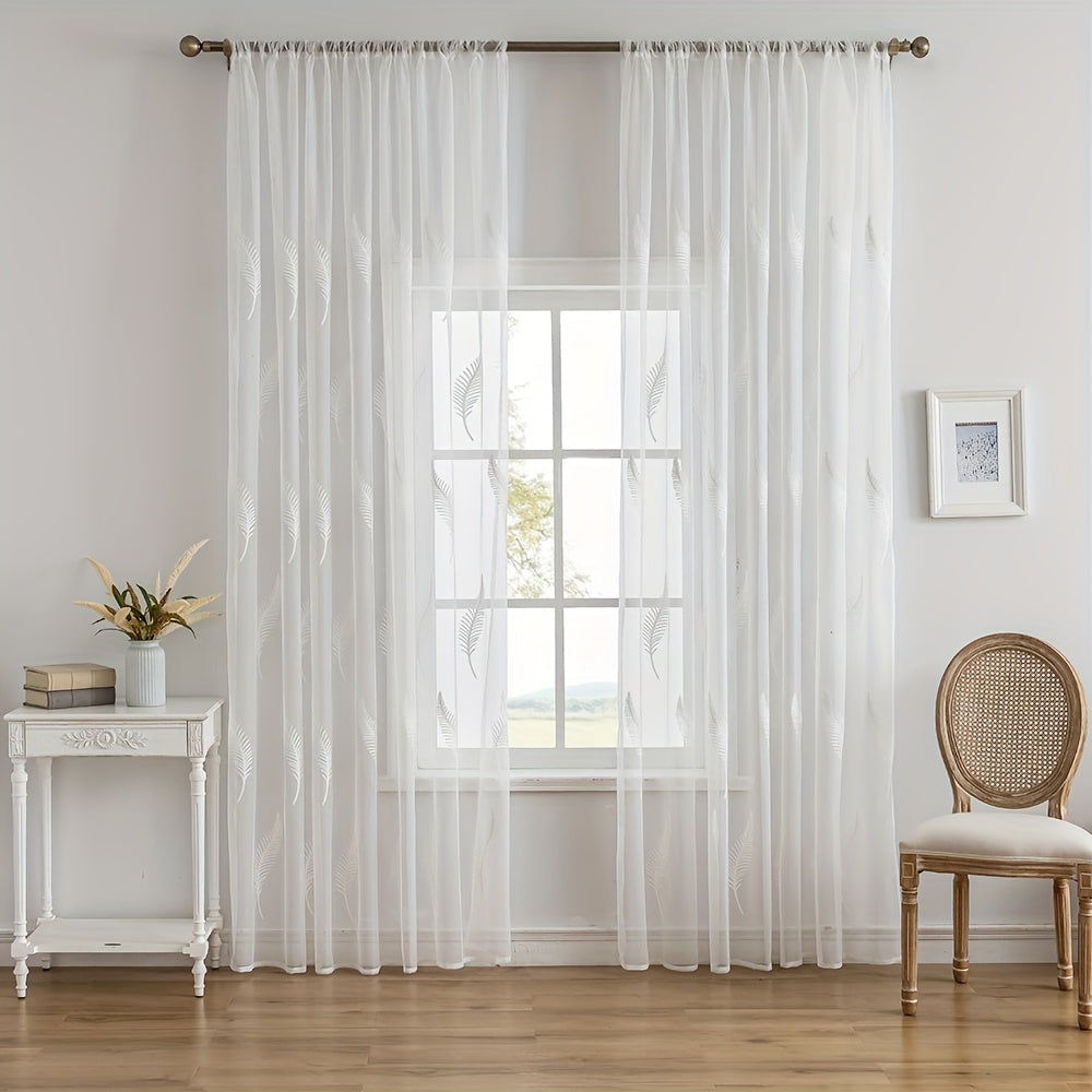 2pcs French-style Rustic White Feather Pattern Translucent Sheer Yarn-embroidered Window Sheer Panels, Light-filtering and Transparent for an Integrated Decorative Ambiance, Rod Pocket Design, Suitable for Bedroom, Living Room, Dining Room